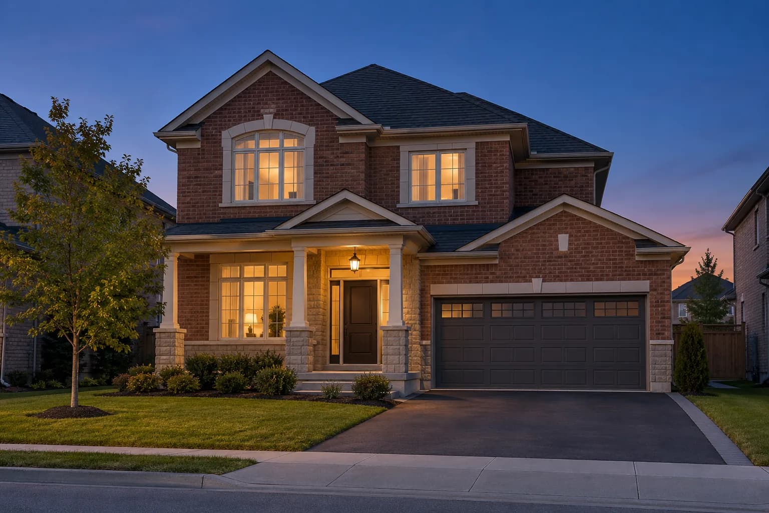 A two-storey home at dusk without decorative lights