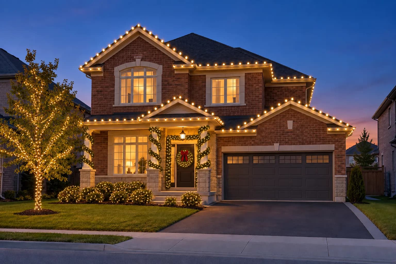The same home lit for Christmas