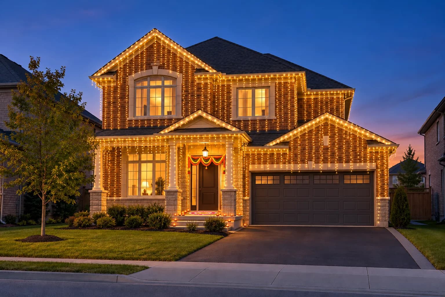 The same home lit for Diwali with warm cascading lights