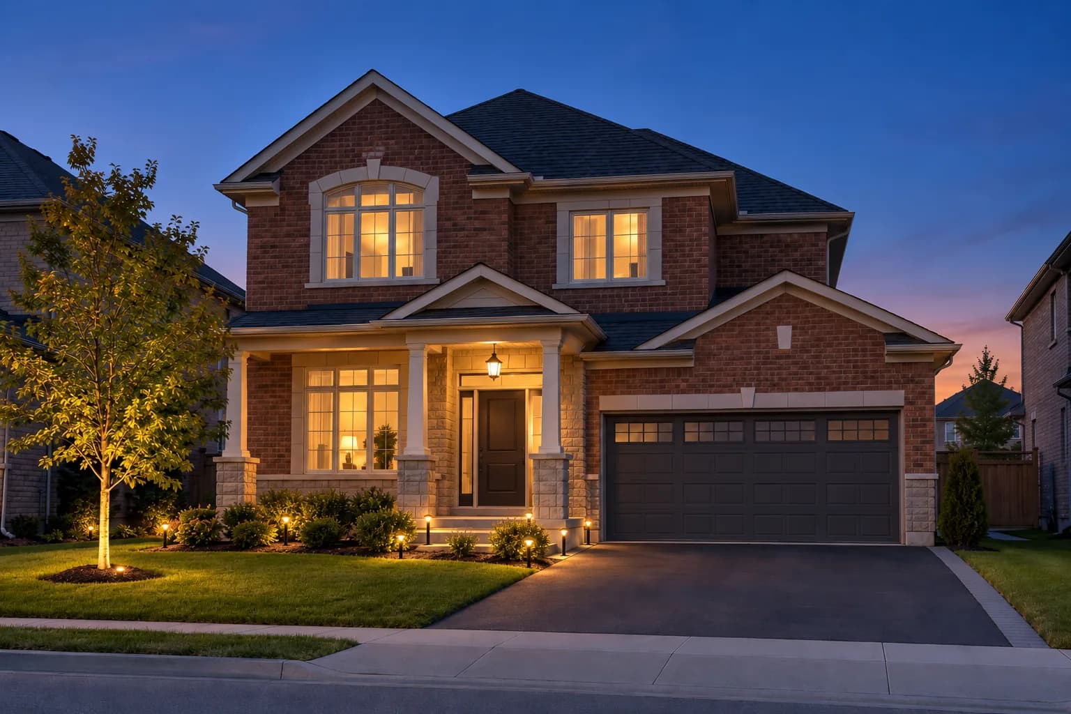 The front garden with landscape lighting