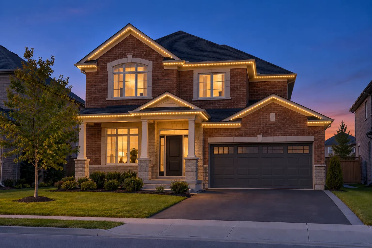 The same home with permanent roofline lighting