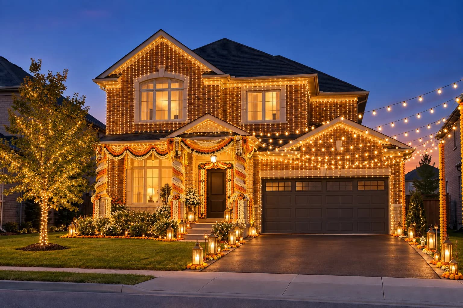 The same home dressed in warm lights for a wedding