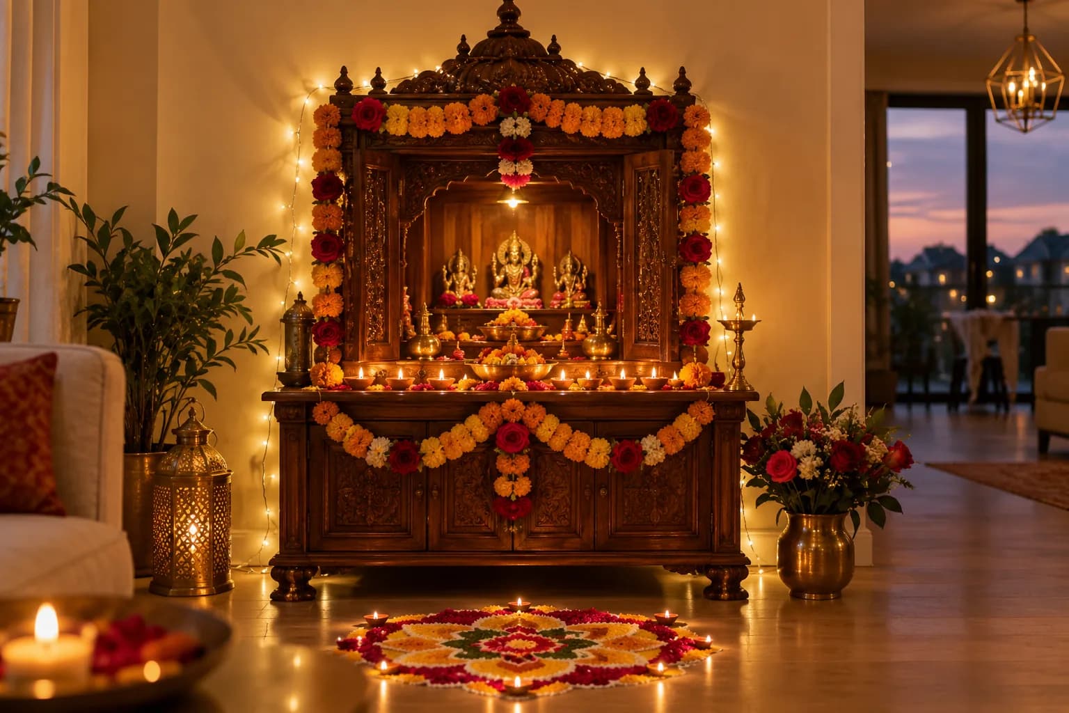 A home mandir decorated with lights and flowers